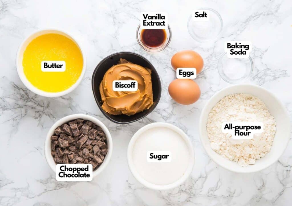 Biscoff brownie ingredients laid out in bowls including Biscoff cookie butter, chopped chocolate, butter, flour, sugar, eggs, vanilla extract, baking soda, and salt