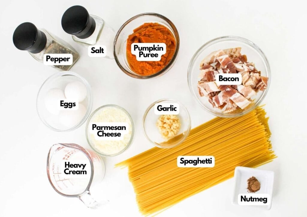 Labeled pumpkin carbonara ingredients arranged on a counter, including pumpkin puree, spaghetti, bacon, eggs, parmesan cheese, heavy cream, garlic, nutmeg, salt, and pepper