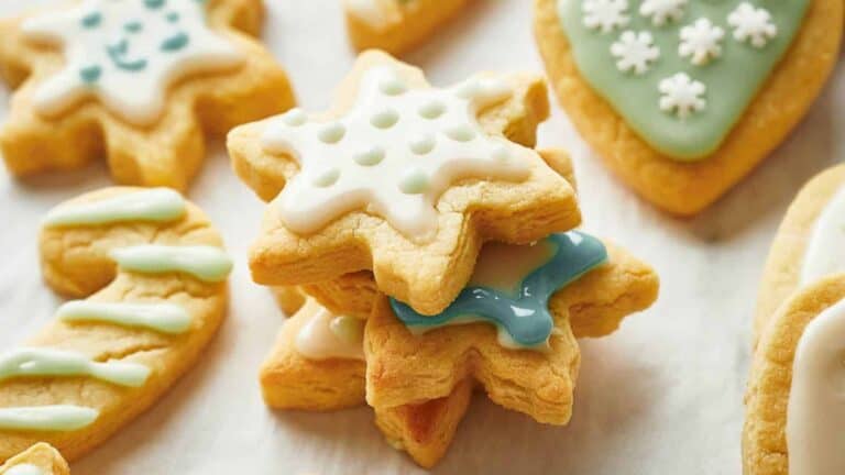 Decorated star-shaped cookies with green, white, and blue icing on a table.