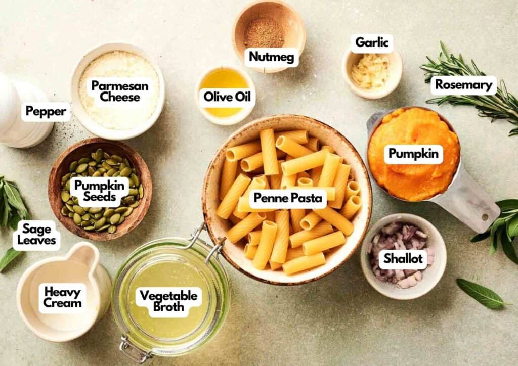 Overhead view of labeled pumpkin pasta ingredients, including pumpkin puree, penne pasta, pumpkin seeds, sage and rosemary leaves, heavy cream, vegetable broth, parmesan cheese, garlic, nutmeg, and olive oil