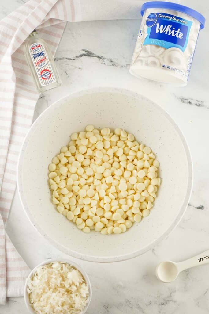 White chocolate chips in a bowl mingle with coconut flakes, as a bottle of vanilla extract and white frosting stand by on a marble surface. A measuring spoon lies ready, hinting at the creation of decadent coconut fudge.