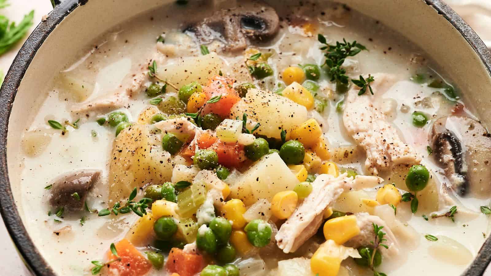 A pot of creamy chicken stew with peas, corn, potatoes, carrots, mushrooms, and herbs.