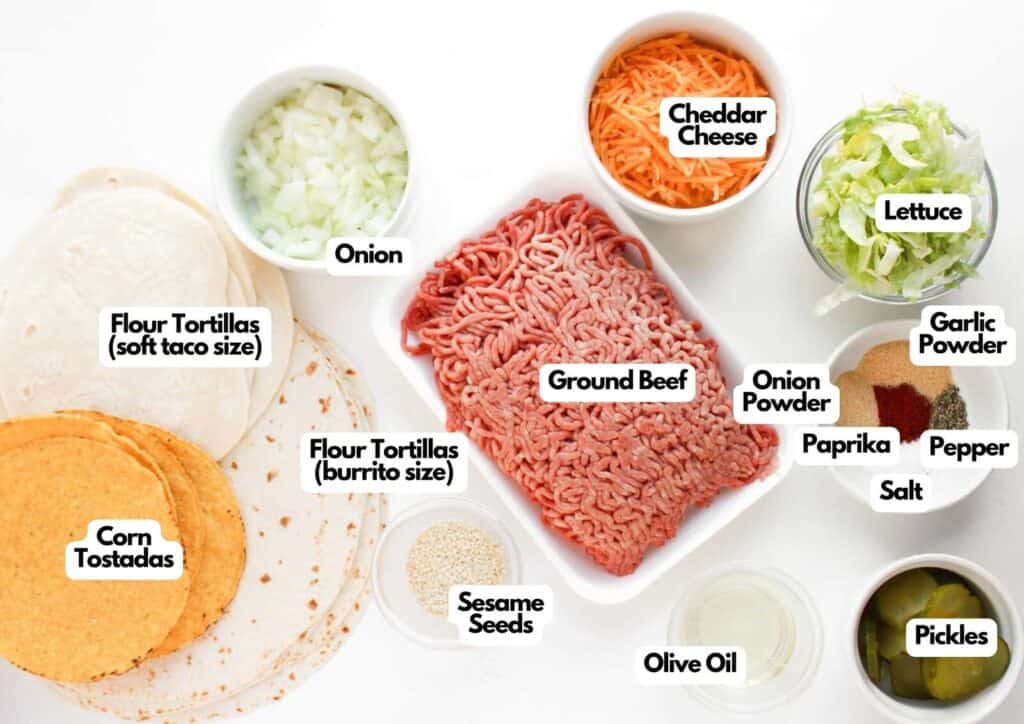 Labeled ingredients for a Big Mac crunchwrap including ground beef, tortillas, cheese, and lettuce