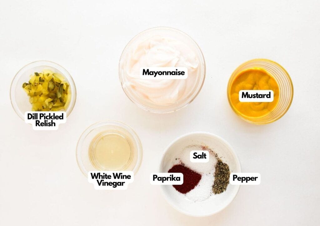 Labeled ingredients for Big Mac sauce including mayonnaise, mustard, and dill relish