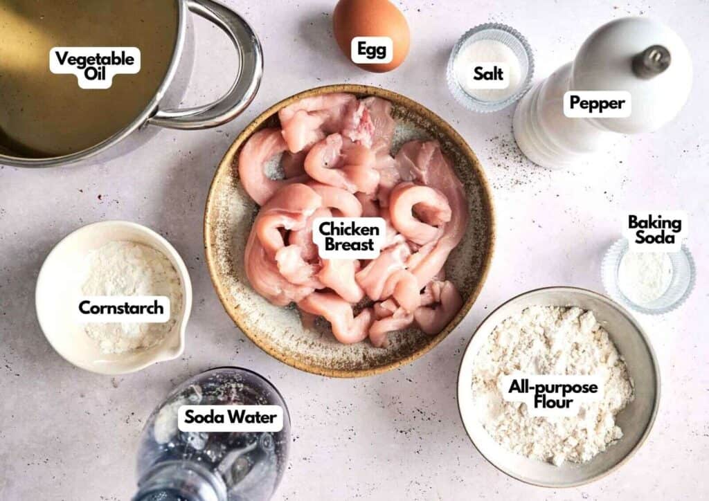Labeled ingredients for chicken tempura including chicken breast, flour, cornstarch, and egg