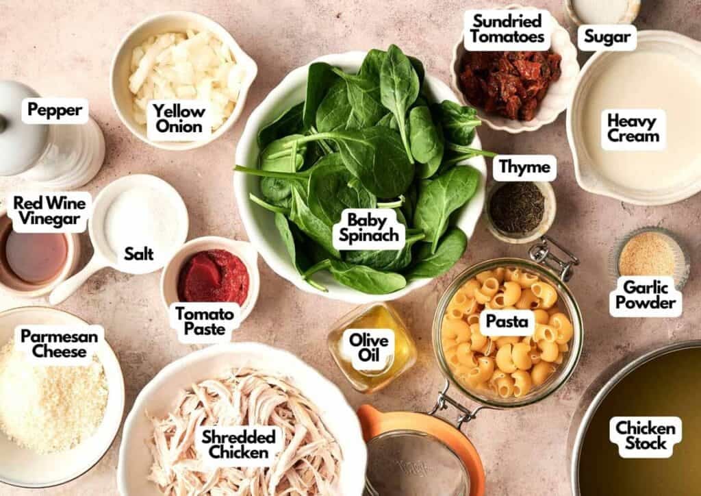 Labeled ingredients for marry me chicken soup, including shredded chicken, baby spinach, pasta shells, sun-dried tomatoes, and chicken stock