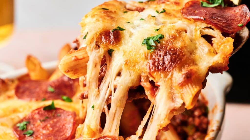 Close-up of a cheese-pull from a baked pasta dish topped with melted cheese, pepperoni slices, and garnished with chopped parsley.