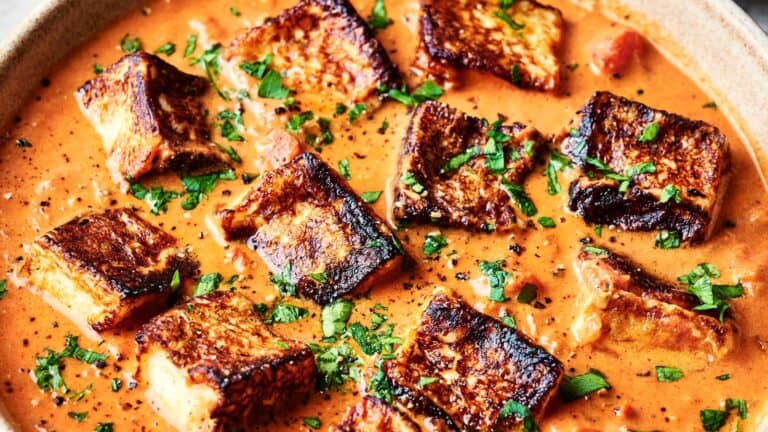 A dish with browned paneer cubes in a creamy tomato sauce, garnished with chopped cilantro.