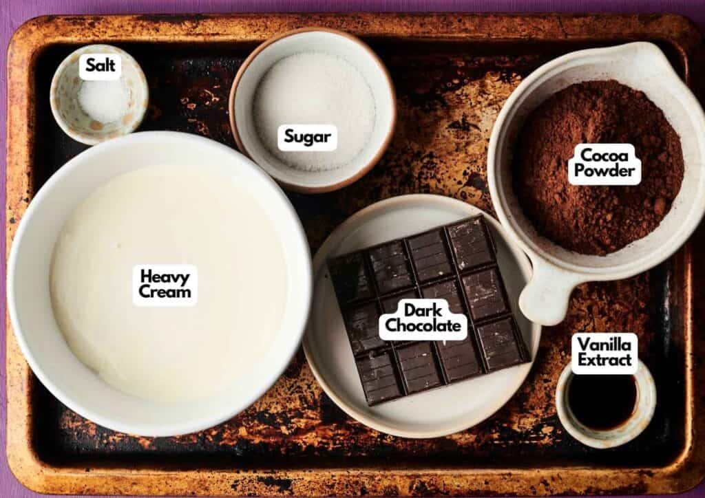 Ingredients for homemade chocolate ice cream laid out on a rustic baking tray &mdash; heavy cream, dark chocolate, cocoa powder, sugar, vanilla extract, and salt