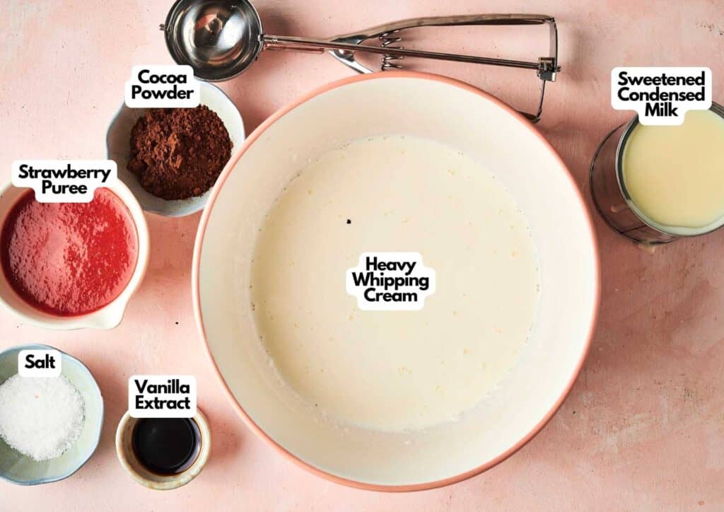 Neapolitan ice cream ingredients laid out on a pink surface including heavy whipping cream, sweetened condensed milk, strawberry puree, cocoa powder, vanilla extract, and salt