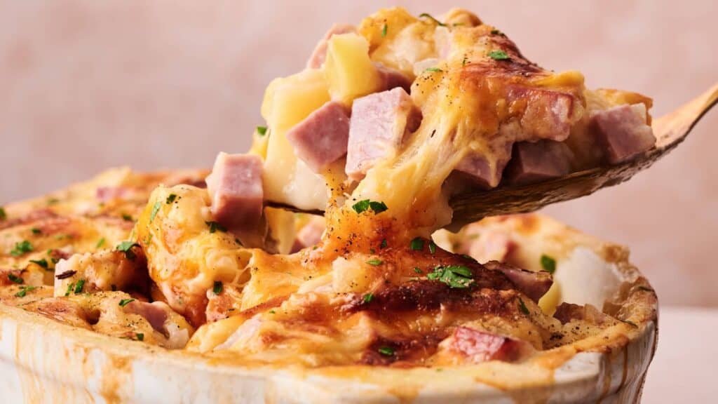 A wooden spoon lifts a serving of cheesy casserole with ham cubes and pasta from a baking dish, topped with melted cheese and herbs.