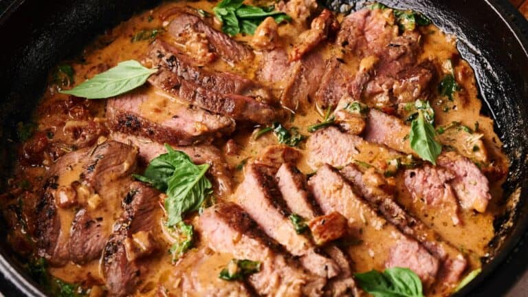 Sliced steak in a creamy sauce with chopped herbs and fresh basil leaves, served in a black skillet.
