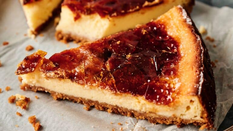 A slice of cheesecake with a caramelized sugar topping and a crumbly crust, placed on parchment paper.