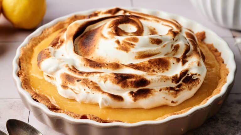 A lemon meringue pie in a fluted dish, topped with toasted swirls of meringue.