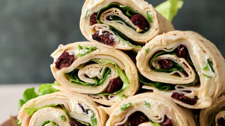 Close-up of stacked tortilla roll-ups filled with greens, cream cheese, and dried cranberries.