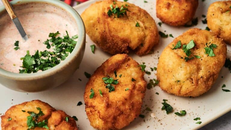 Breaded, golden-brown croquettes garnished with chopped parsley sit next to a small bowl of creamy dipping sauce topped with herbs.