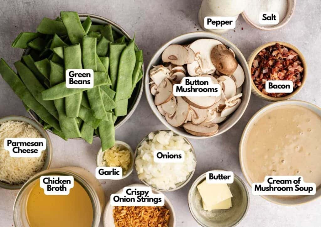 A variety of labeled ingredients in bowls for Green Bean and Bacon Casserole, including green beans, mushrooms, bacon, onions, garlic, butter, salt, pepper, parmesan cheese, chicken broth, crispy onion strings, and cream of mushroom soup.