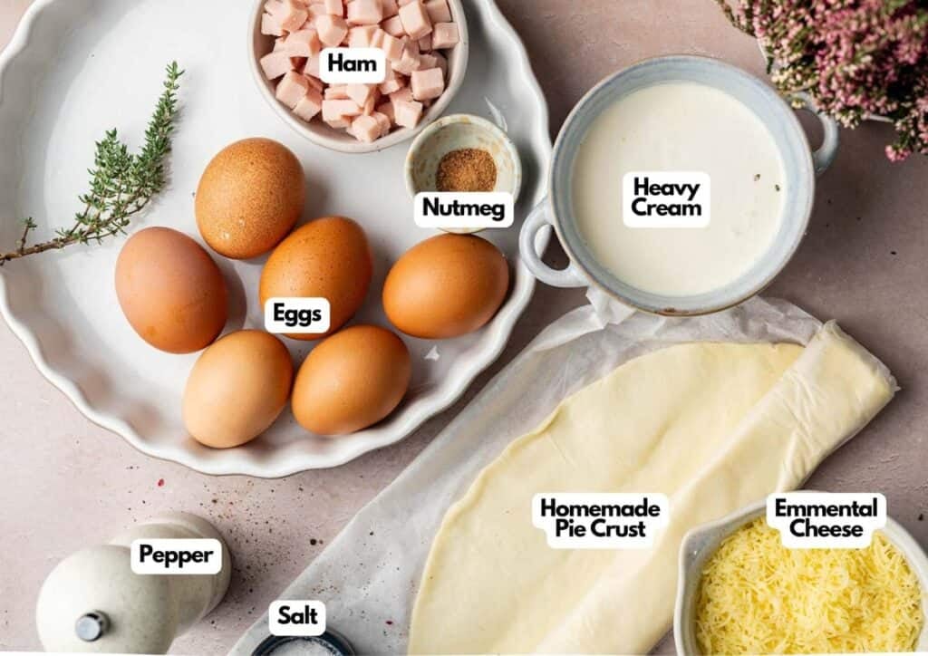 Ingredients for Ham and Cheese Quiche include eggs, ham, nutmeg, heavy cream, Emmental cheese, homemade pie crust, salt, pepper, and a sprig of thyme arranged on a countertop.