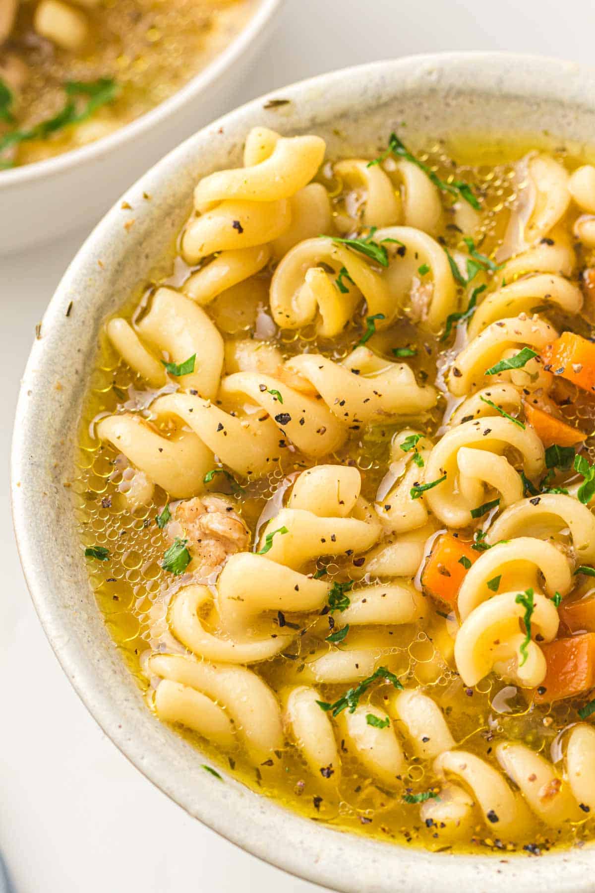 A bowl of Instant Pot Chicken Noodle Soup with rotini pasta, tender chicken, carrots, herbs, and a flavorful clear broth.