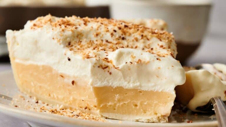A slice of creamy pie topped with whipped cream and toasted coconut flakes sits on a plate with a fork beside it.