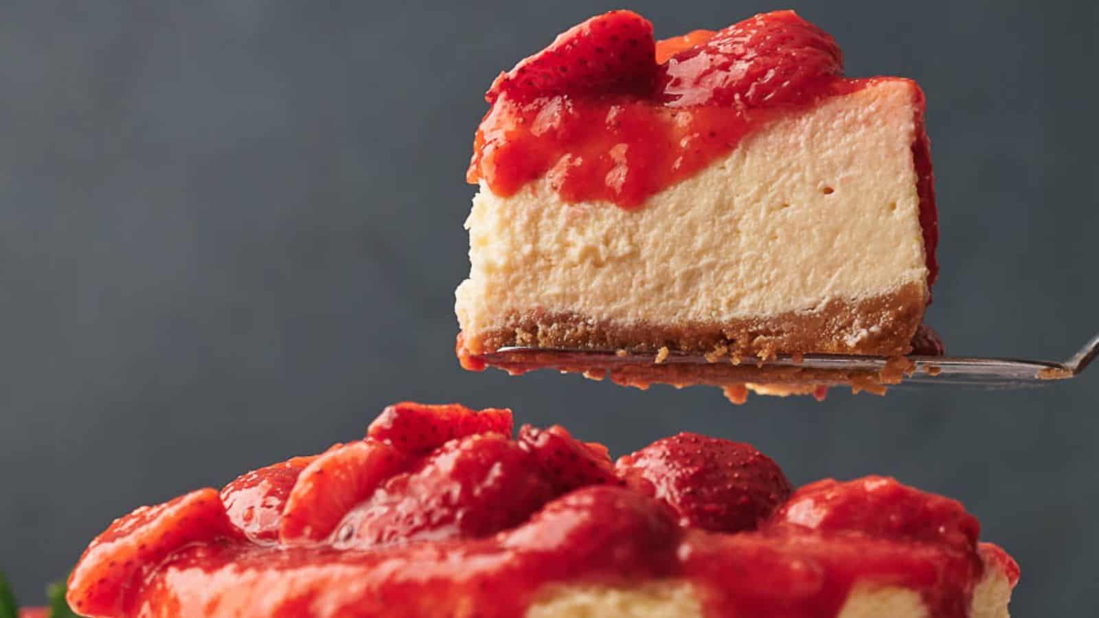 A slice of strawberry-topped cheesecake is being lifted above the rest of the cake, showing a graham cracker crust and creamy filling.