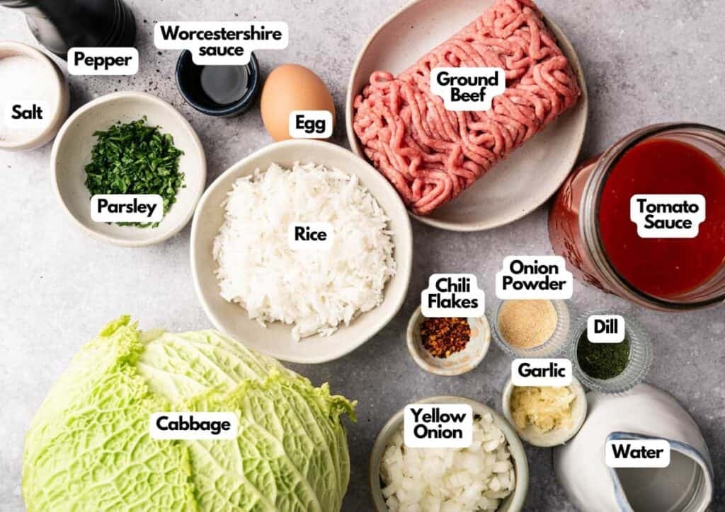 Ingredients for Cabbage Rolls include ground beef, rice, cabbage, tomato sauce, egg, yellow onion, garlic, parsley, dill, chili flakes, Worcestershire sauce, salt, and pepper. Perfect for classic homemade Cabbage Rolls.