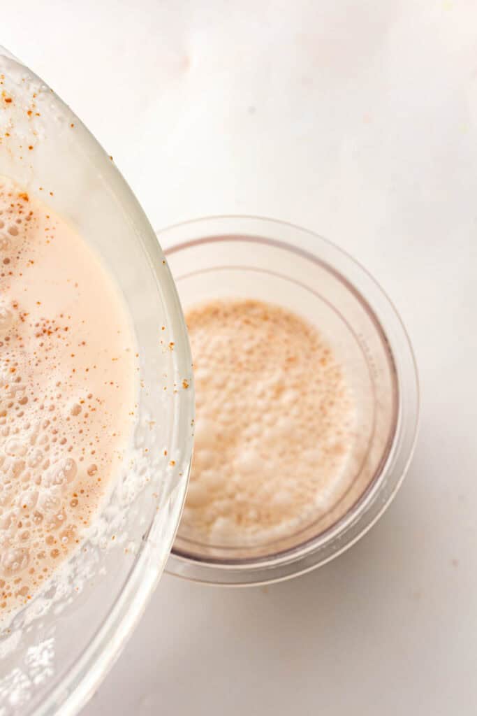 Chocolate ice cream base being poured into a Ninja Creami pint container