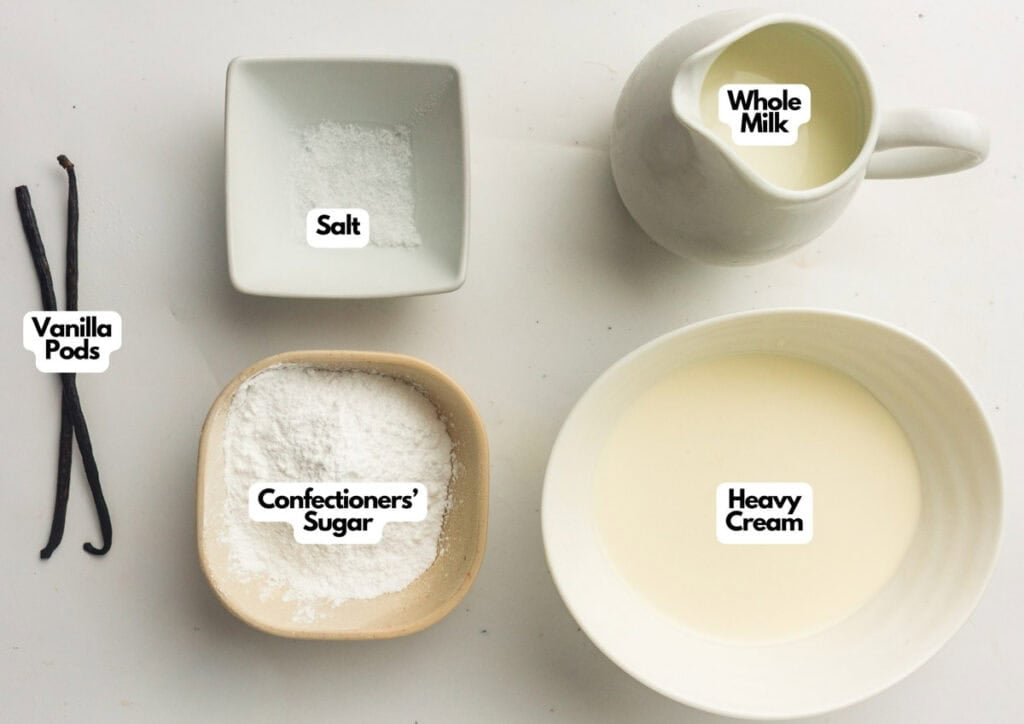 Five ingredients for Vanilla Ninja Creami Ice Cream are displayed: vanilla pods, salt, whole milk, confectioners&rsquo; sugar, and heavy cream, each labeled in a separate container.