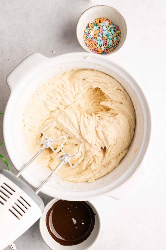 Overhead view of light and fluffy vanilla buttercream ready for frosting