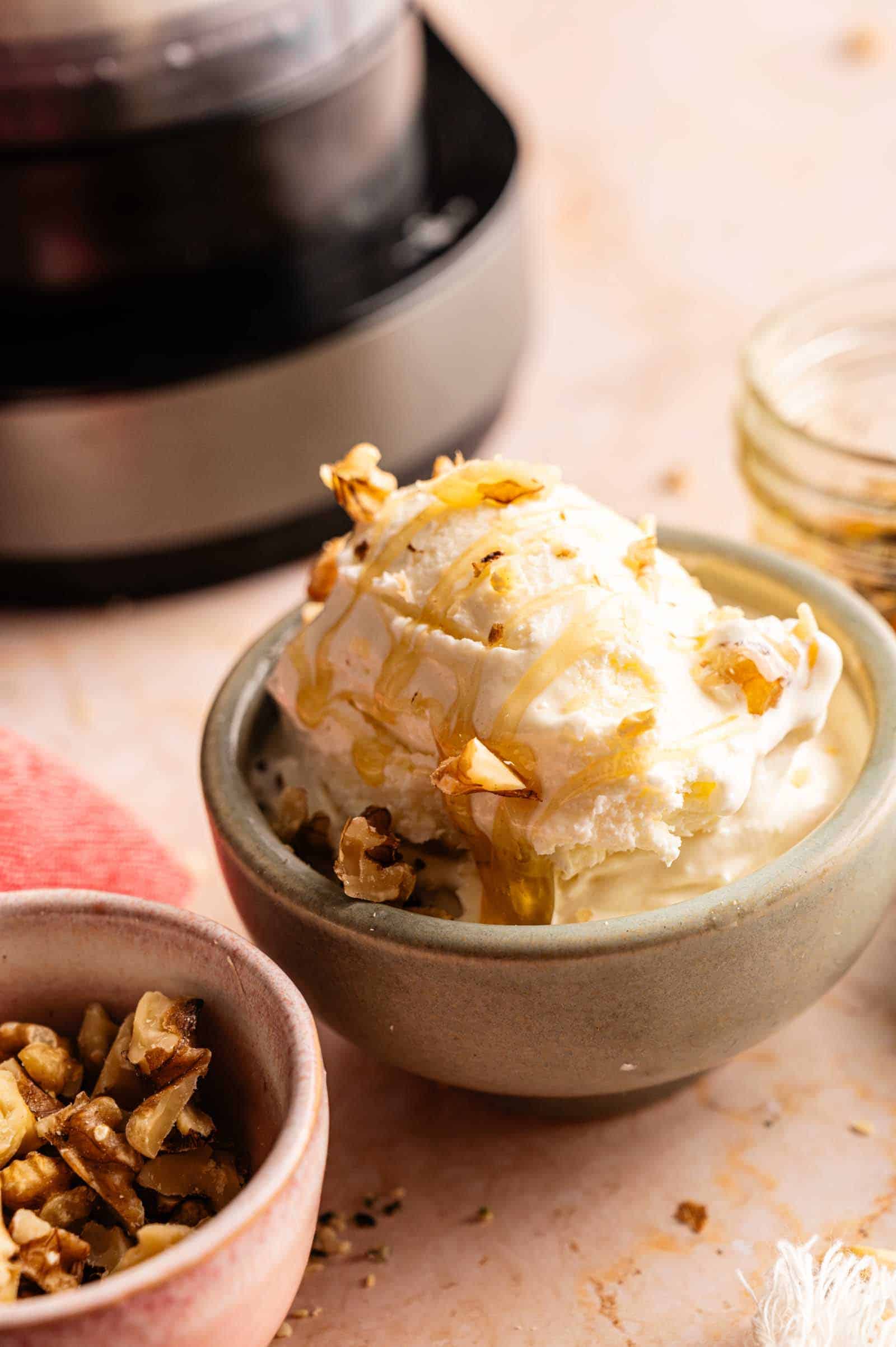 A bowl of Ninja Creami frozen yogurt topped with honey and chopped walnuts, served in a grey ceramic bowl with a side of walnuts and a Ninja Creami machine in the background.