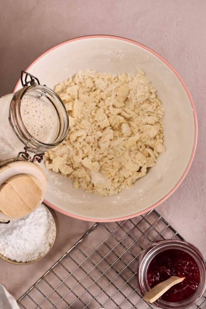 Flour and butter mixture in a mixing bowl before adding sourdough discard