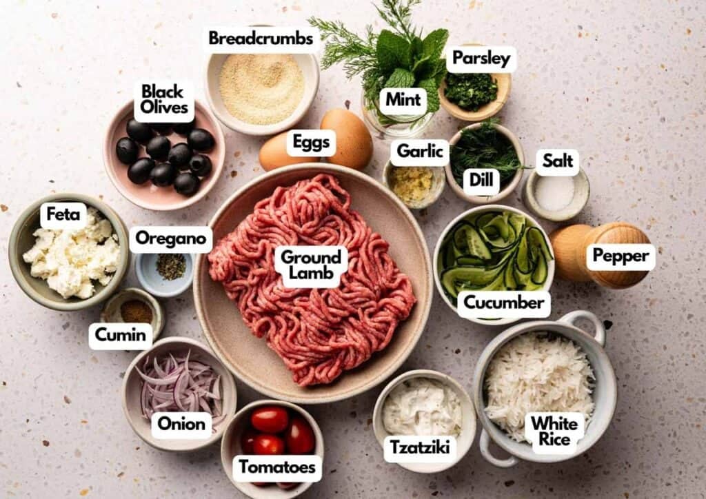 A hand using a silver fork to dip an air fryer lamb meatball into a small bowl of tzatziki sauce, with a bowl of eight meatballs, a lemon wedge, and a whole cucumber in the background.