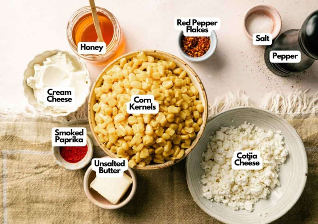 Labeled ingredients for Honey Butter Skillet Corn.