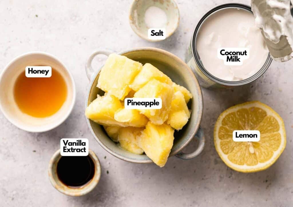 Labeled ingredients for Ninja Creami Dole Whip.
