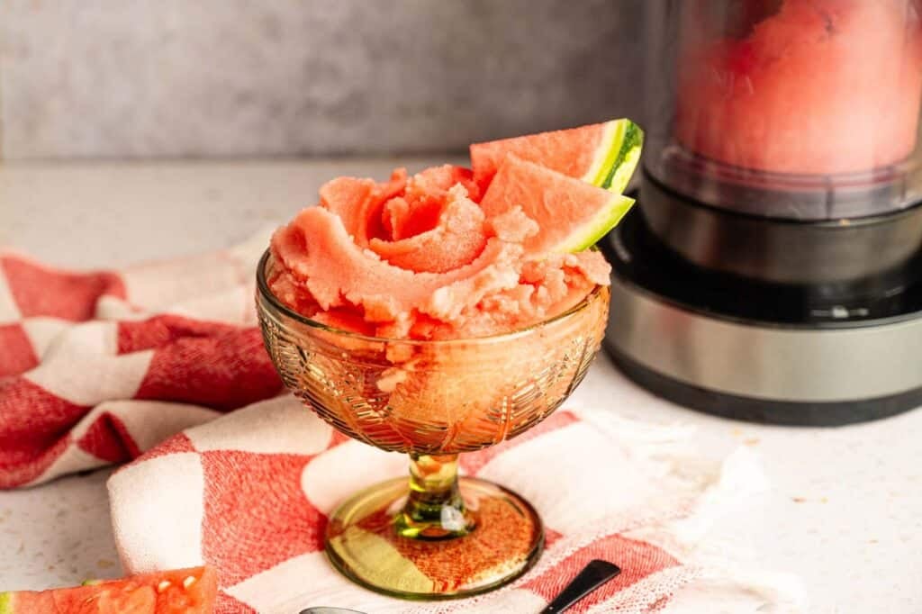 Delicious homemade watermelon sorbet made with Ninja Creami, perfect for a refreshing summer treat.