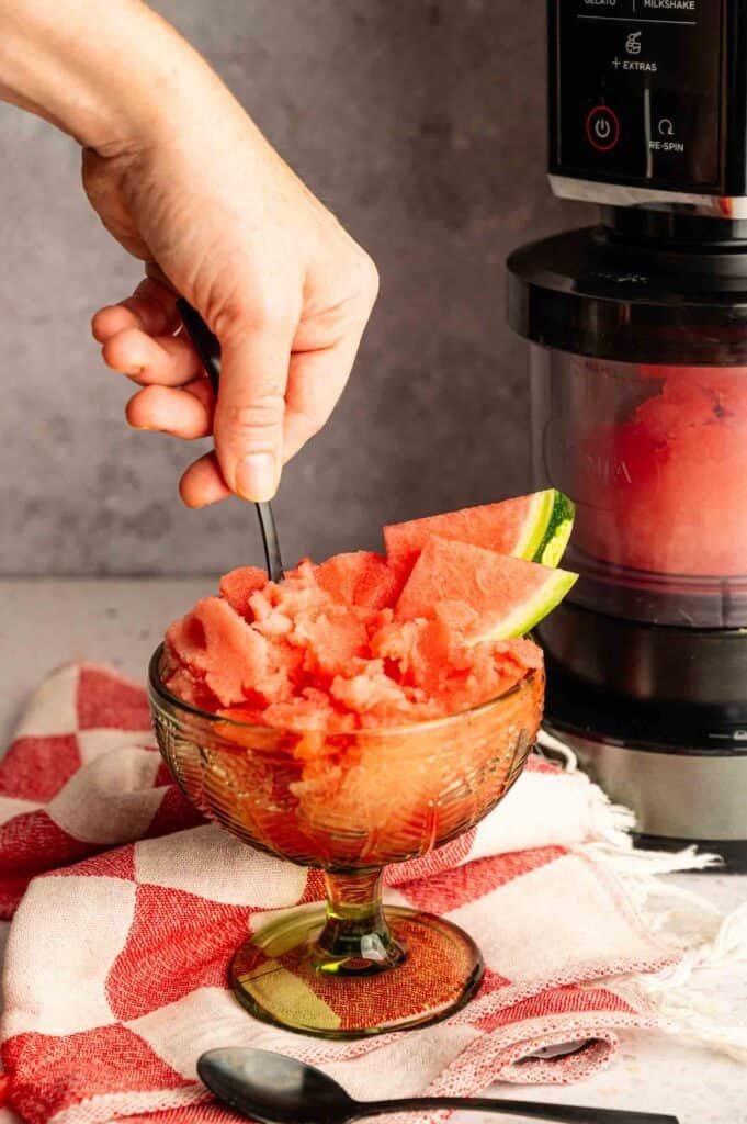 Delicious homemade watermelon sorbet made with Ninja Creami, perfect for a refreshing summer treat.